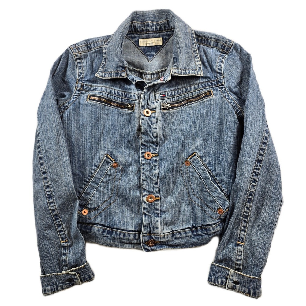 VTG Tommy Jeans Denim Jacket Womens Medium Blue Zip Pockets Trucker Cropped